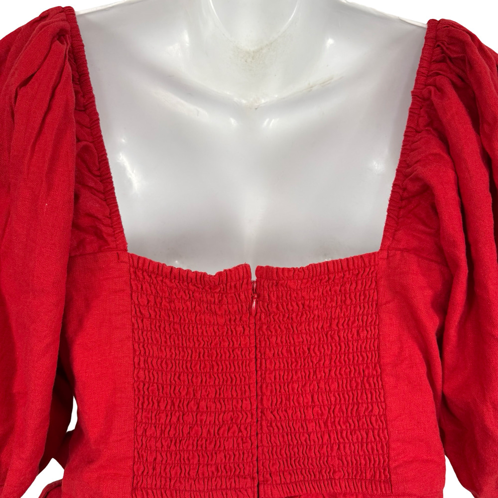 Abercrombie & Fitch Red Linen Puff Sleeve Wrap Smocked Mini Dress NWT sz L Tall - Picture 12 of 16